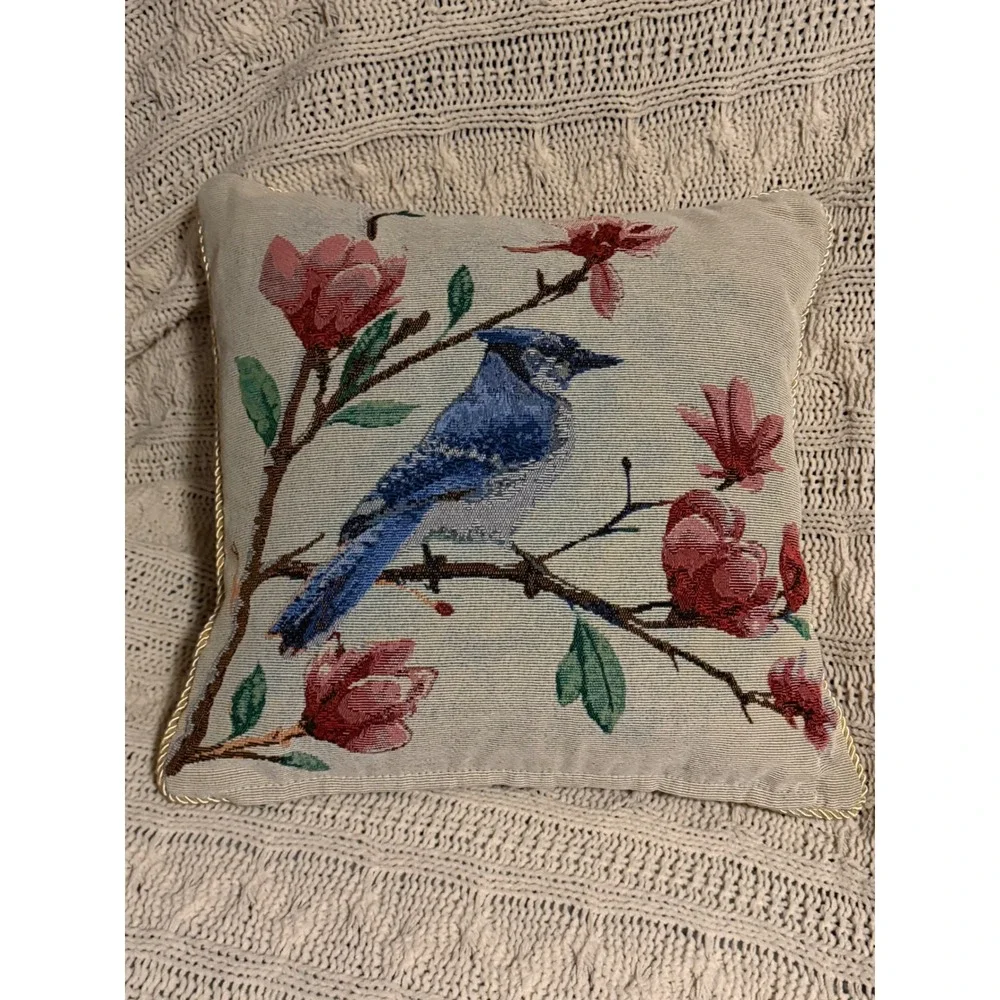 Vintage Blue Jay Magnolia Woven Tapestry Throw Pillow Gold Rope Trim Decorative